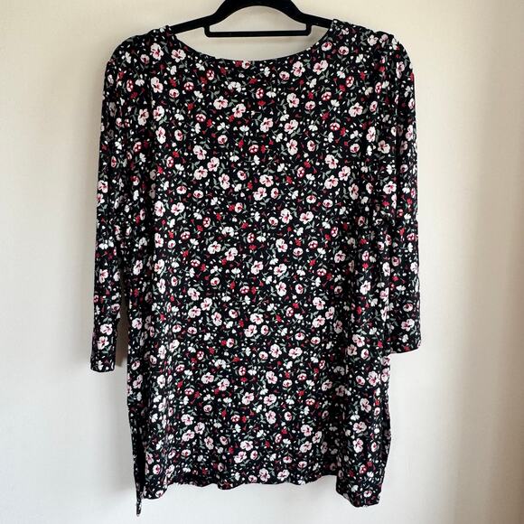 J.Jill Floral Top Blouse Black Red White Round Neck Side Slit 3/4 Sleeve Sz L - Picture 8 of 8